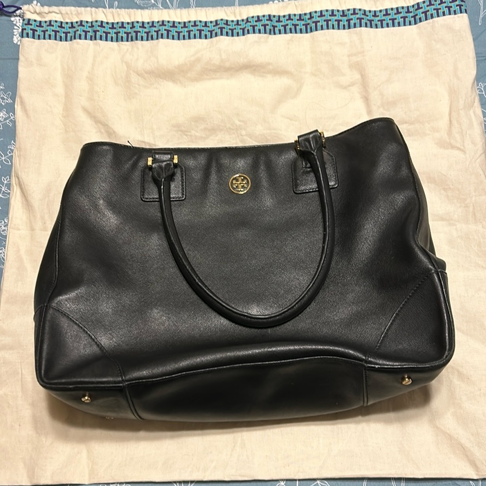 Black Tory Burch black leather tote in good used condition.